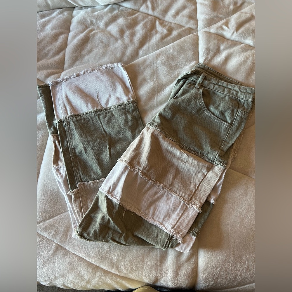 Shein green, tan and white jeans.